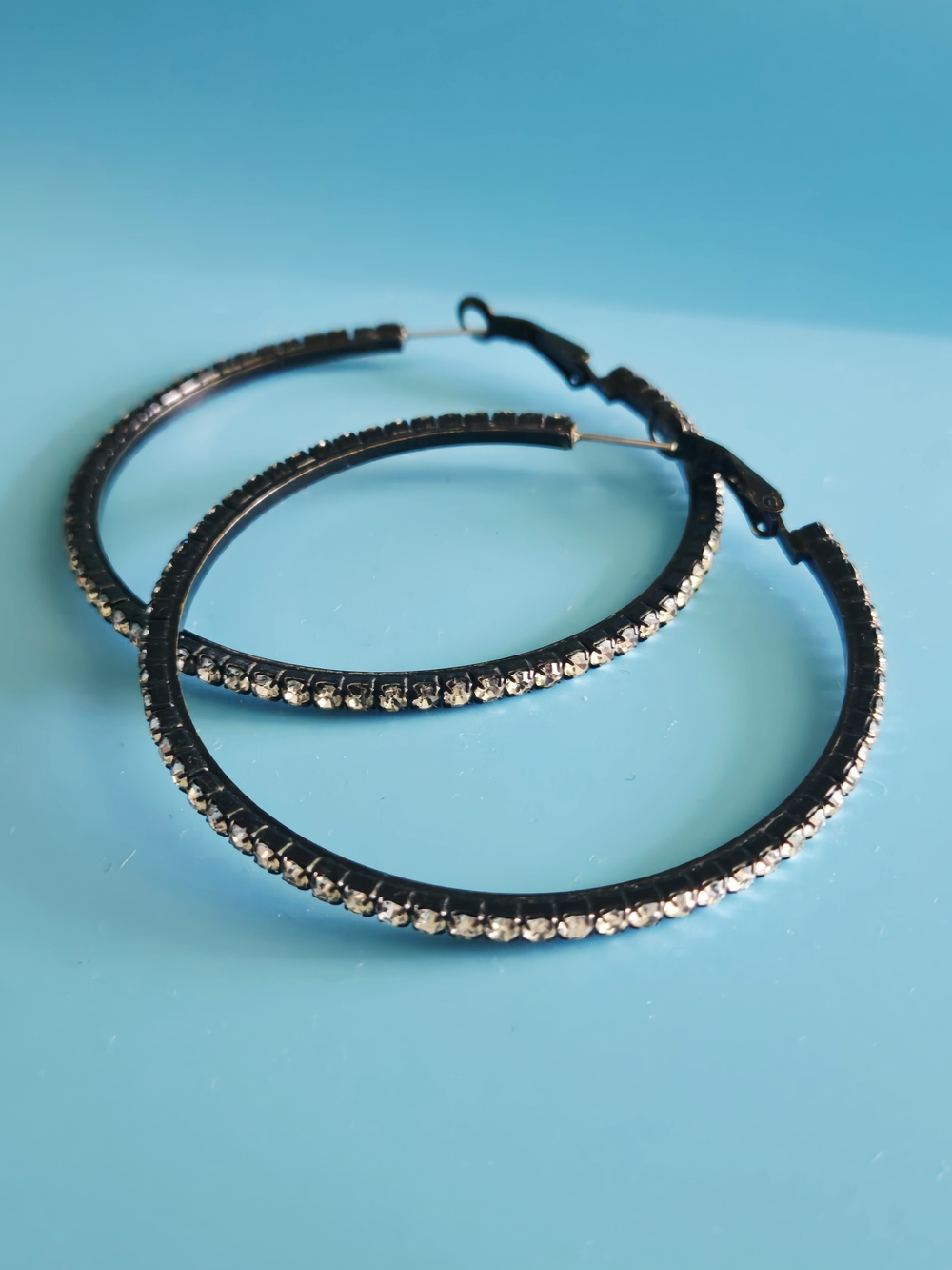 Black Hoop Earrings with Clear Crystals Like Rhinestones
